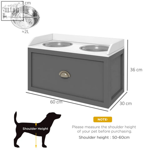 Gray wooden raised dog feeding station with two stainless steel dog bowls and a 21l storage drawer by pawhut