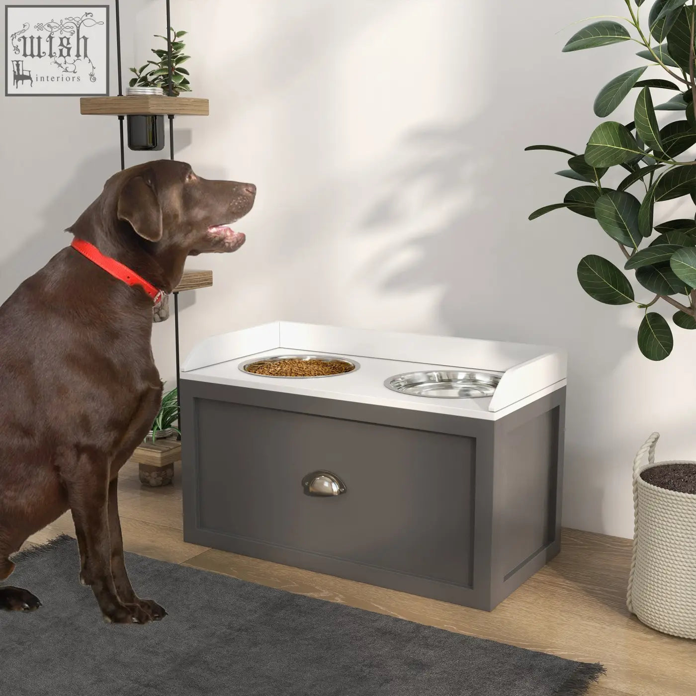 Gray pawhut stainless steel raised dog bowls with two bowls one filled with kibble and 21l storage drawer