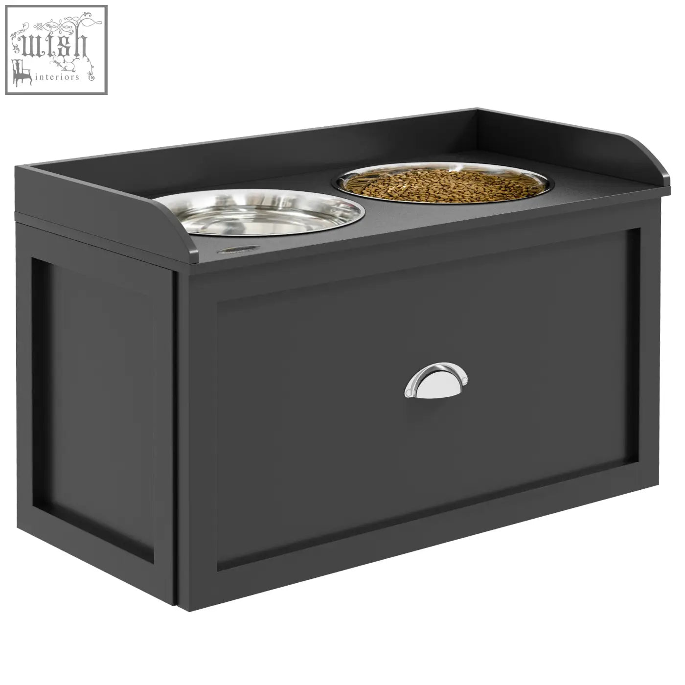 Black pawhut raised dog bowls with stainless steel bowls one with dry food one empty and 21l storage drawer