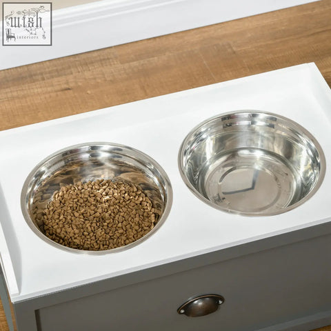 Pawhut stainless steel raised dog bowls in grey with two bowls one filled with kibble and 21l storage drawer