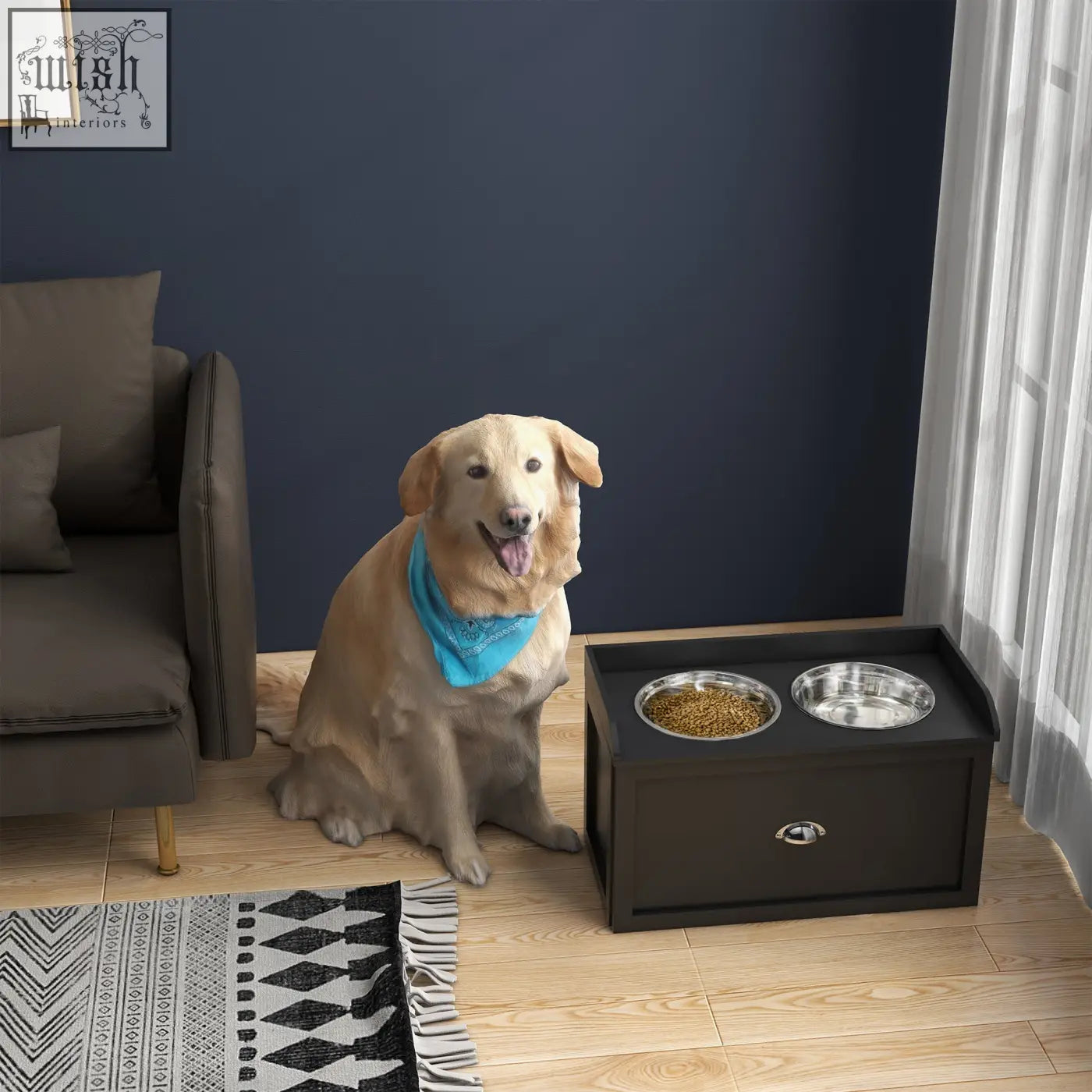 Black wooden raised dog feeder with two stainless steel dog bowls one filled with kibble pawhut product
