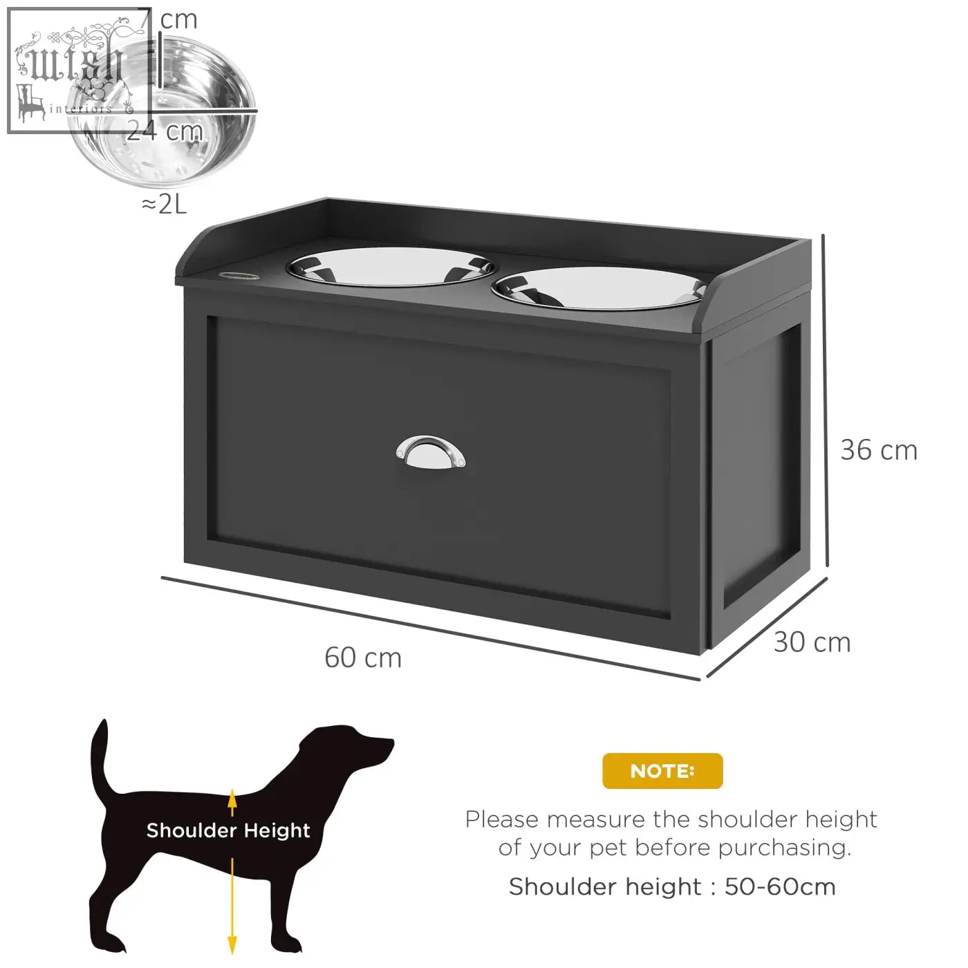Black pawhut raised dog feeding station with stainless steel bowls and 21l storage drawer for large dogs and cats