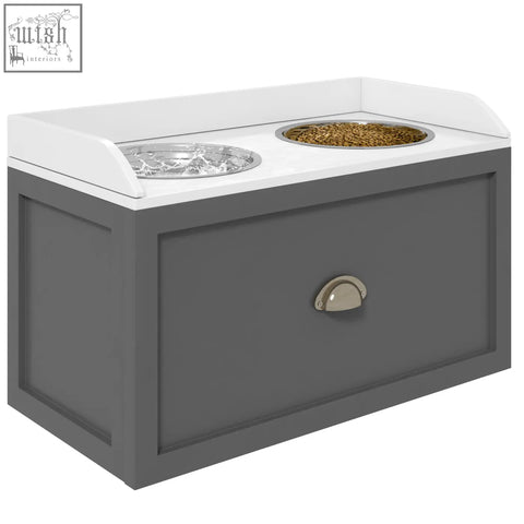 Gray pawhut raised dog bowls with stainless steel bowls filled with water and dry food and 21l storage drawer