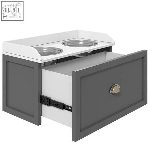 Gray and white pawhut stainless steel raised dog bowls with two bowls and open 21l storage drawer on countertop