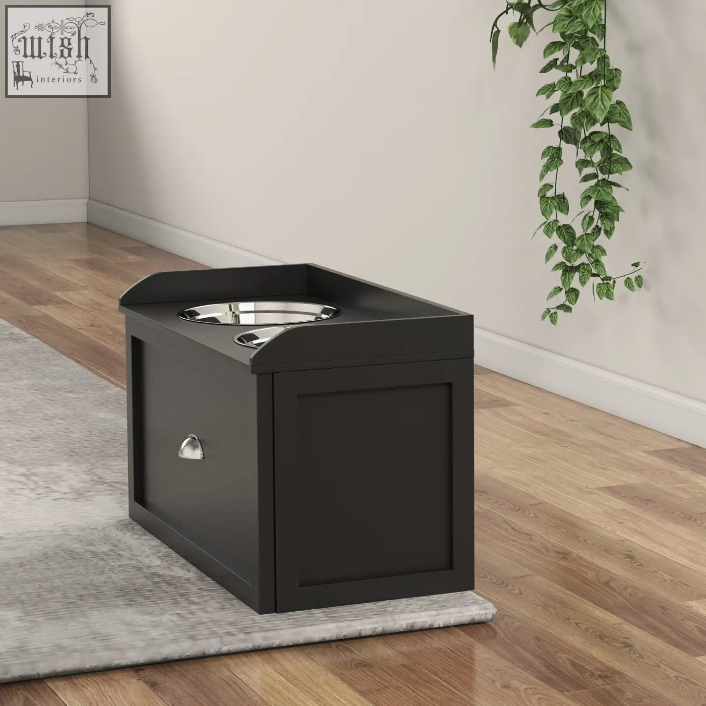 Black wooden pet litter box with stainless steel raised dog bowls and 21l storage drawer by pawhut