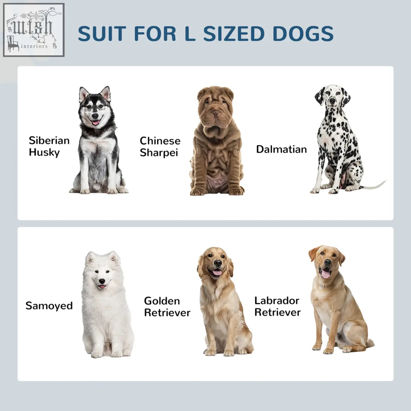 Labeled graphic showing six large dog breeds suitable for pawhut stainless steel raised dog bowls with 21l storage drawer black