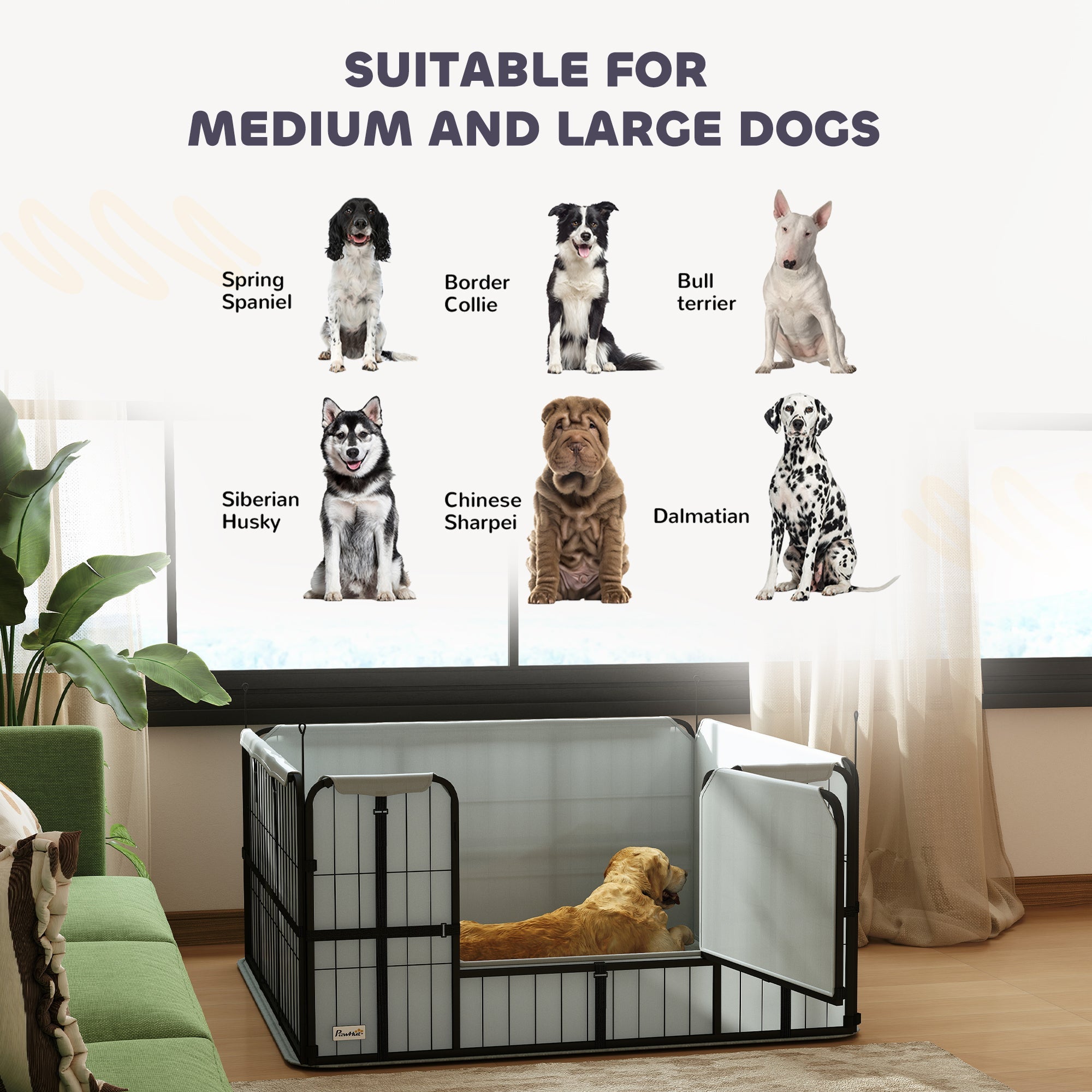 Black metal and white oxford fabric whelping box with washable whelping pad and golden retriever inside