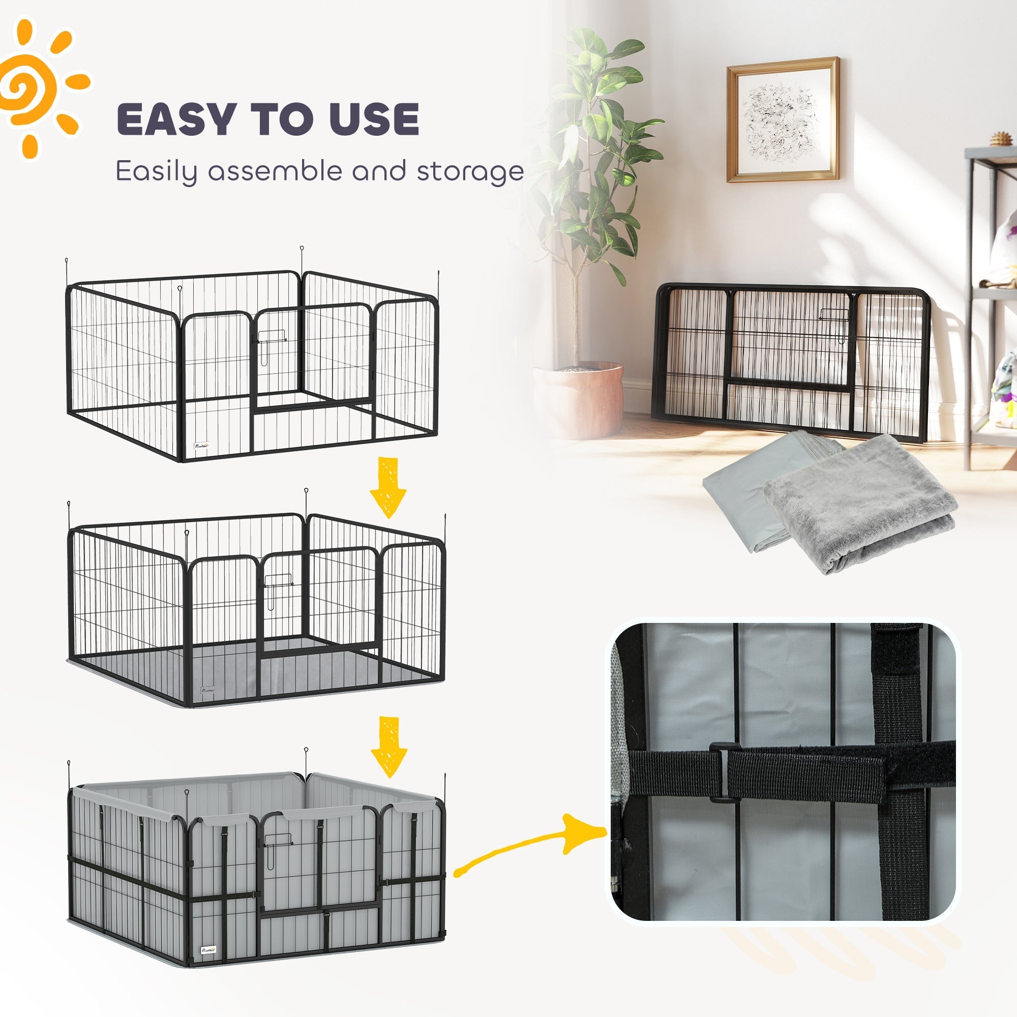 Black metal pawhut whelping box with gray oxford fabric liner and washable whelping pad for small dogs
