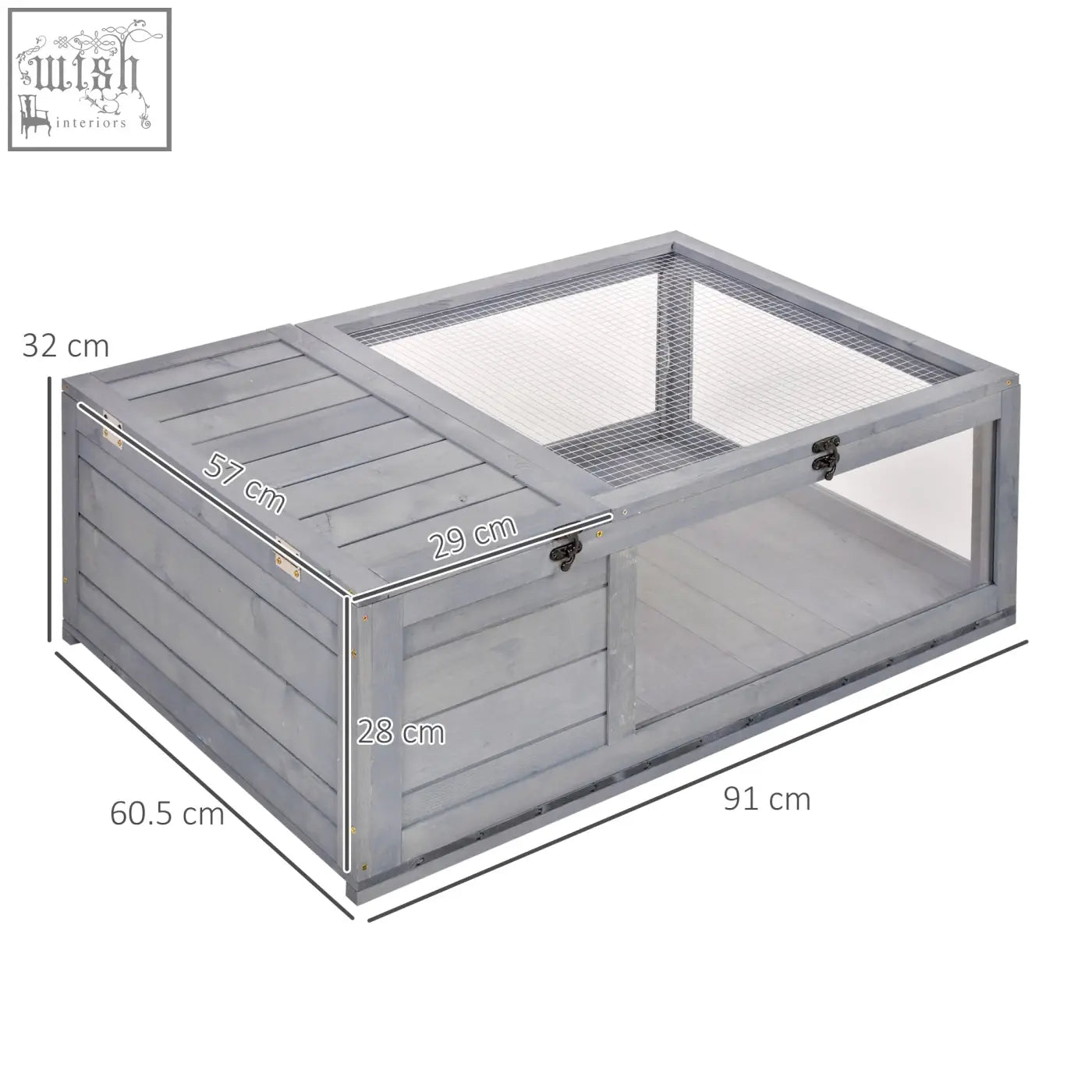 Gray wooden pawhut tortoise house with mesh roof and clear side panels for small reptiles like turtles and geckos