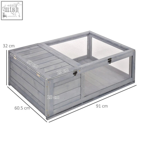 Gray wooden pawhut tortoise house with mesh roof and clear side panels for small reptiles like turtles and geckos