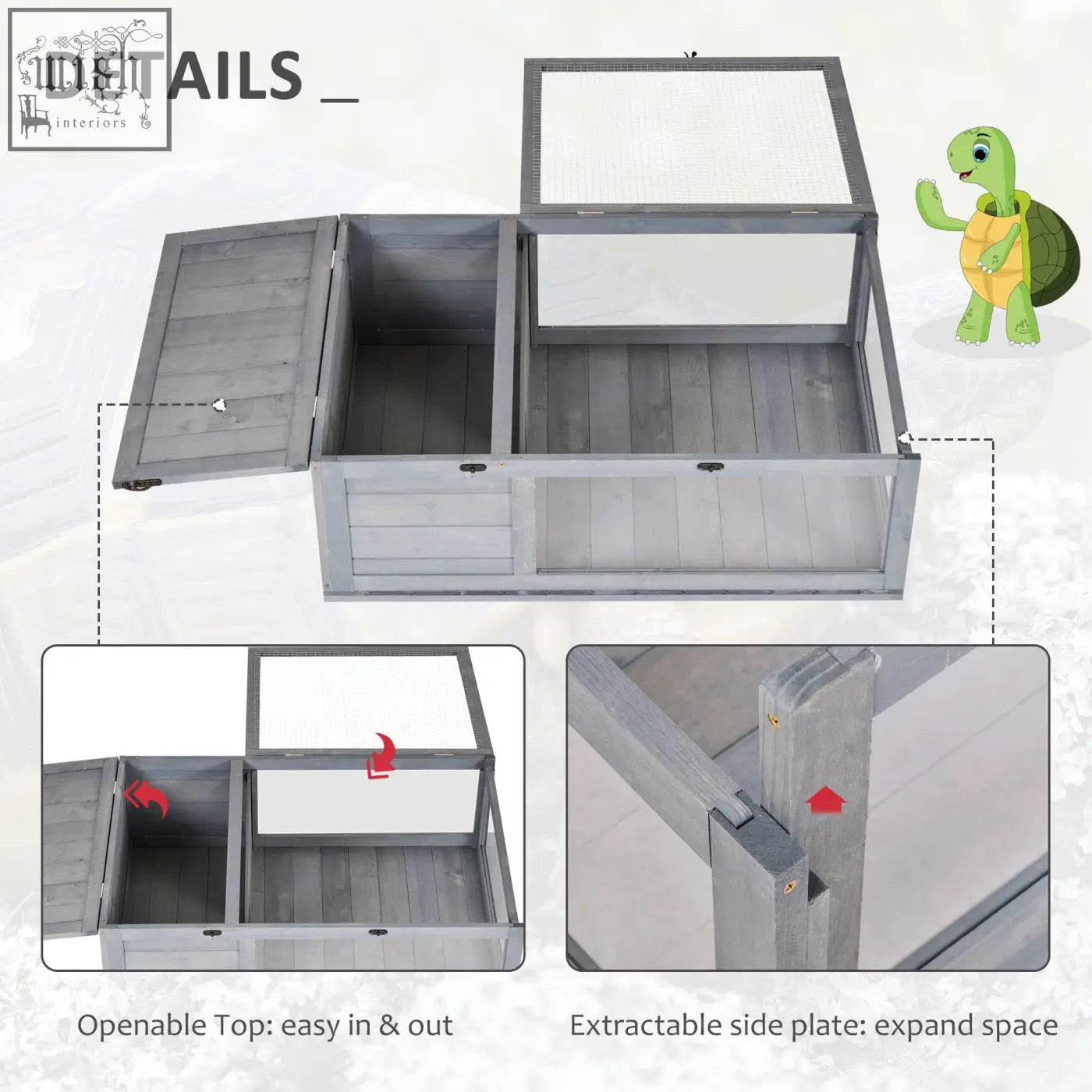 Gray wooden pawhut tortoise house with mesh top and removable side panels for small reptiles and turtles
