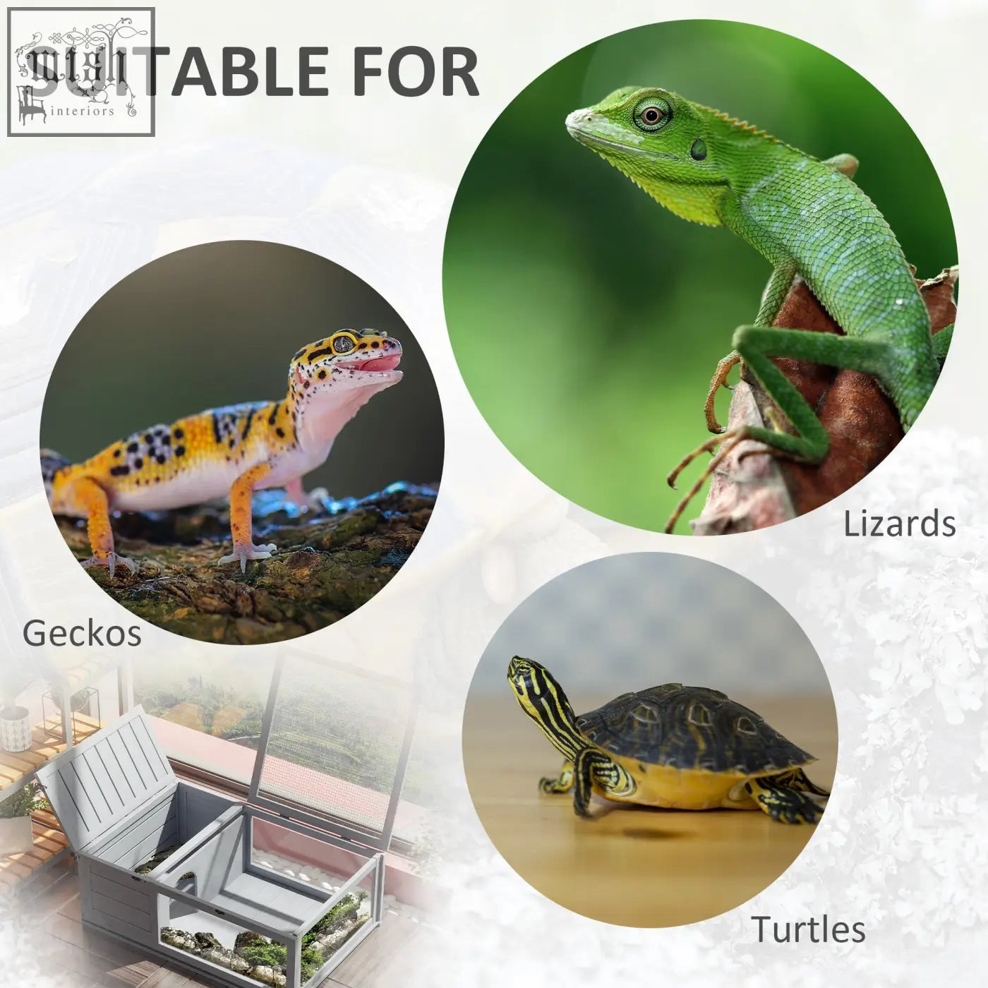 Gray plastic pawhut tortoise house with glass panels and hinged lid for turtles lizards and snakes enclosure