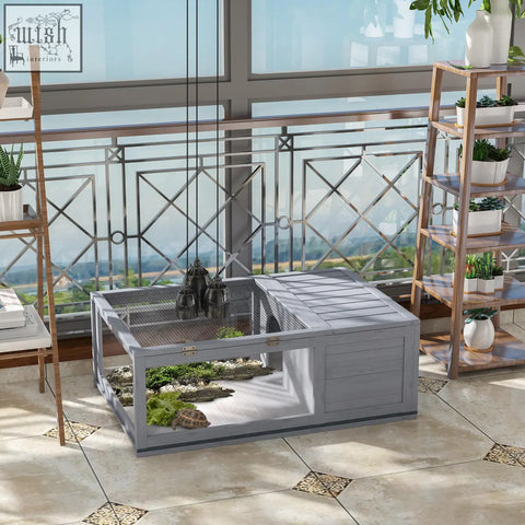 Gray wooden pawhut tortoise house with mesh top and glass front for turtles lizards geckos and snakes