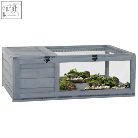 Gray wooden pawhut tortoise house with glass panels and mesh roof for turtles lizards and geckos habitat