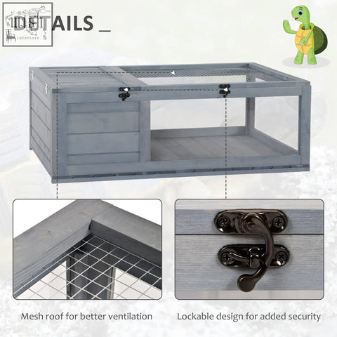 Gray wooden pawhut tortoise house with mesh roof and black metal latches for small reptiles like turtles and lizards