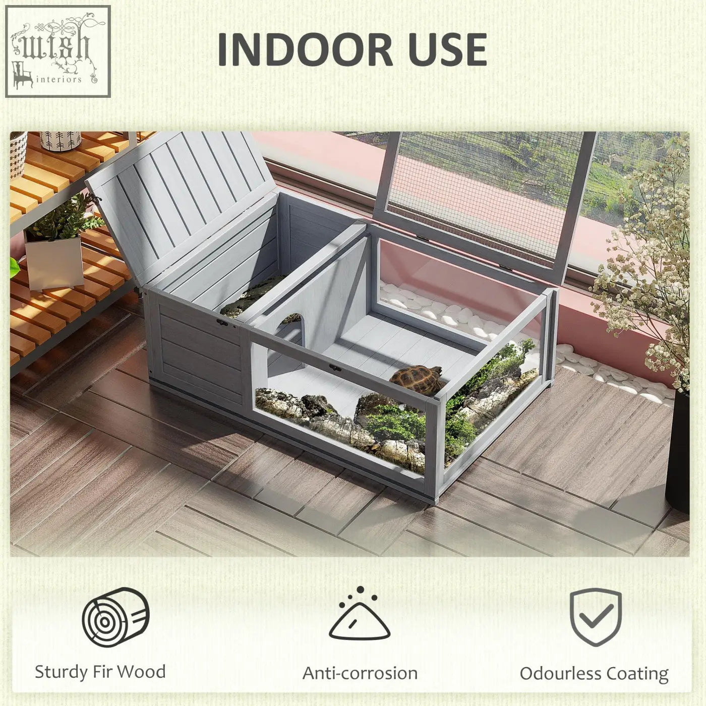 Gray pawhut tortoise house with slanted roof and mesh side panels natural interior for turtles and reptiles