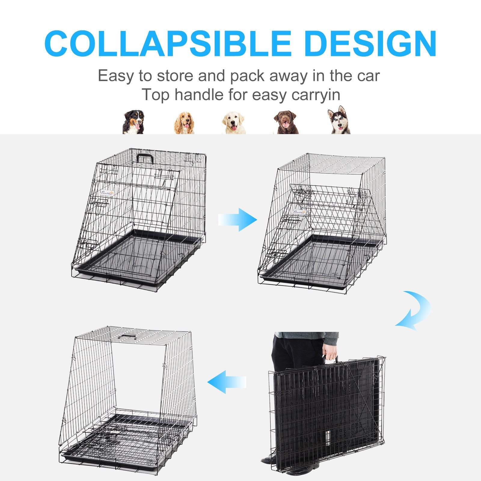 Black collapsible wire dog crate 93l x 58w with top handle for comfortable carrying and easy cleaning by Pawhut