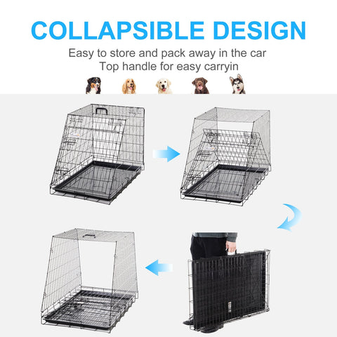 Black collapsible wire dog crate 93l x 58w with top handle for comfortable carrying and easy cleaning by Pawhut
