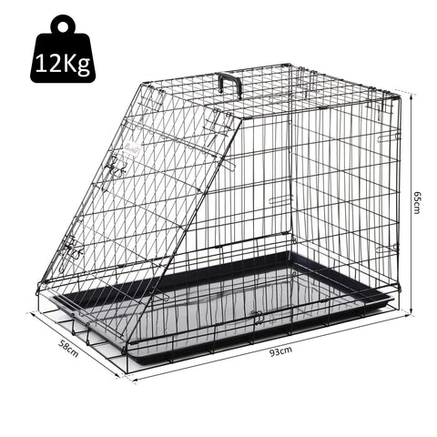 Black wire mesh pawhut trapeze collapsible dog crate with black tray and handle 93l x 58w easy cleaning comfortable carrying