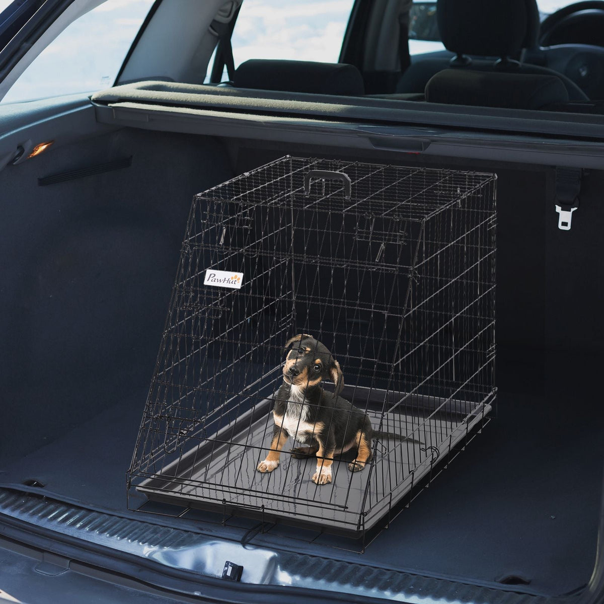 Black metal pawhut trapeze collapsible dog crate 93l x 58w with easy cleaning tray and comfortable carrying for puppies