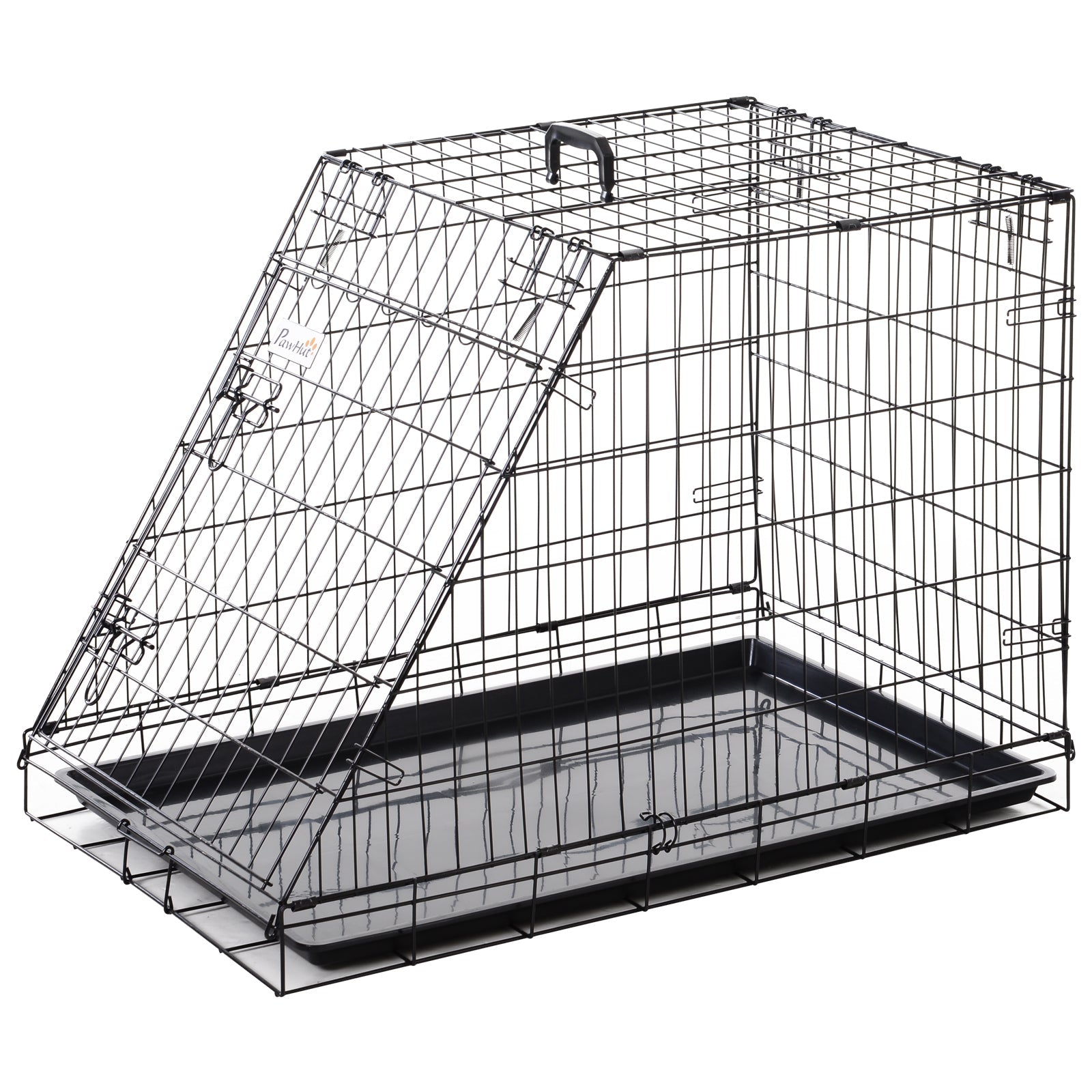 Black wire pawhut trapeze collapsible dog crate with slanted door and removable tray for easy cleaning and comfortable carrying 93l x 58w
