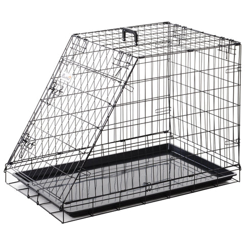 Black wire pawhut trapeze collapsible dog crate with slanted door and removable tray for easy cleaning and comfortable carrying 93l x 58w
