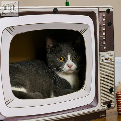 A gray and white cat with yellow eyes rests in a cream pawhut tv-shaped cat scratching board made of corrugated cardboard