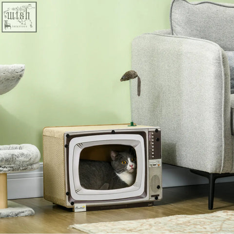 Gray and white cat inside pawhut retro tv-shaped pet bed made of beige corrugated cardboard with scratching board for cat scratching