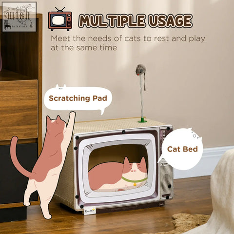 Vintage tv-shaped cat bed with corrugated cardboard scratching board top cozy interior for indoor cat scratching