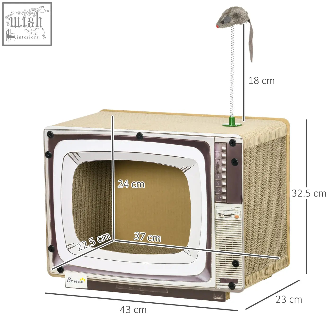 Vintage tv-shaped cat scratching board made of beige and brown corrugated cardboard with a toy rat on top