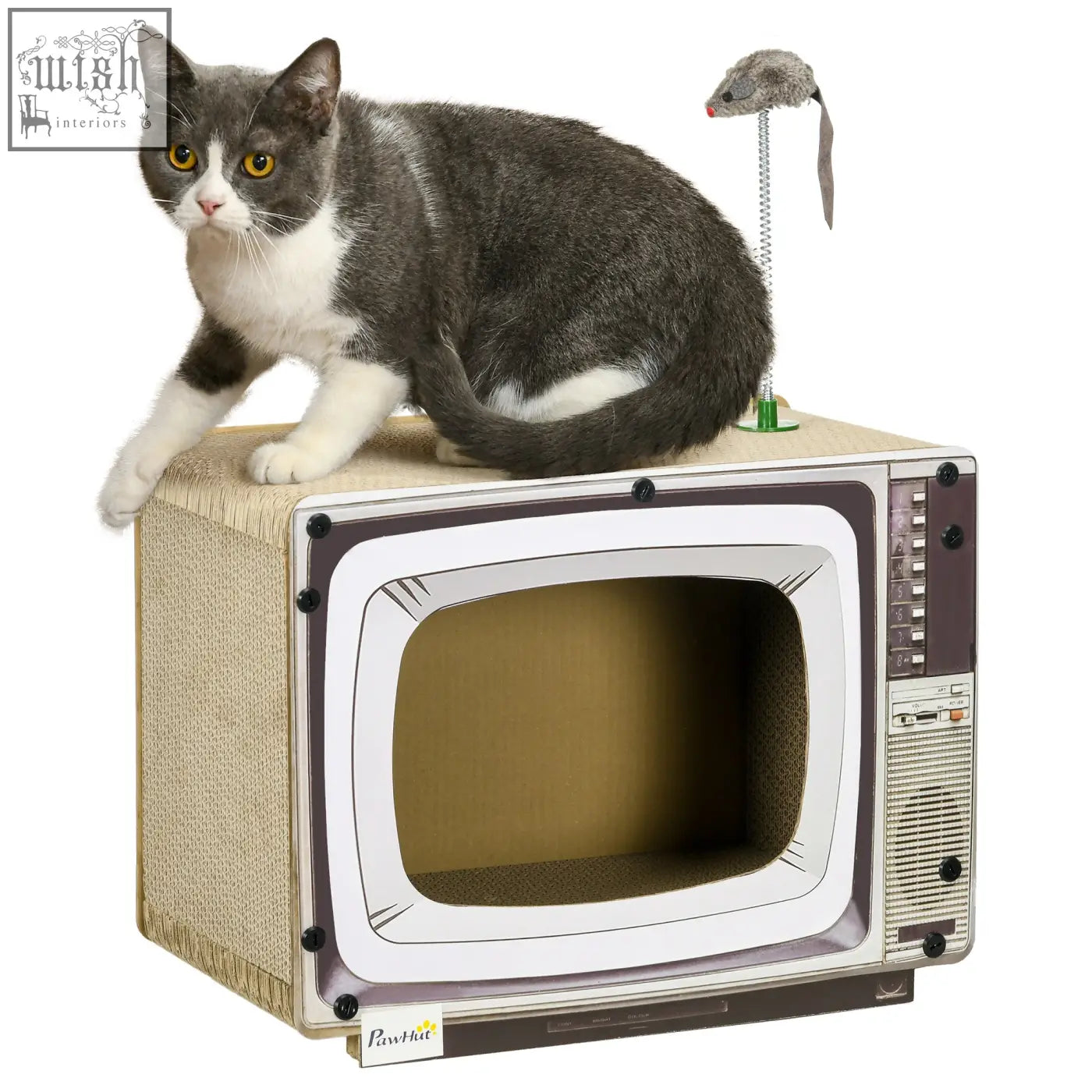 Vintage tv-shaped cat scratching board by pawhut with beige corrugated cardboard and retro catnip toy inside