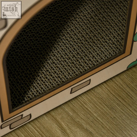 Beige cardboard cat scratching board with dark brown textured surface and cartoon trim for indoor cats in pawhut cat house