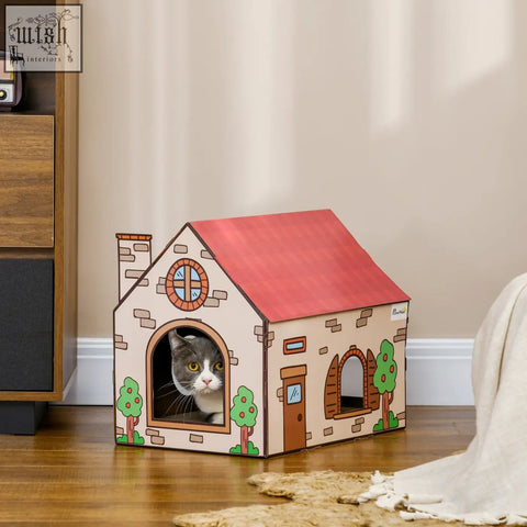 A beige cardboard pawhut cat house with red roof and brick details serving as a cat scratching board and indoor scratcher