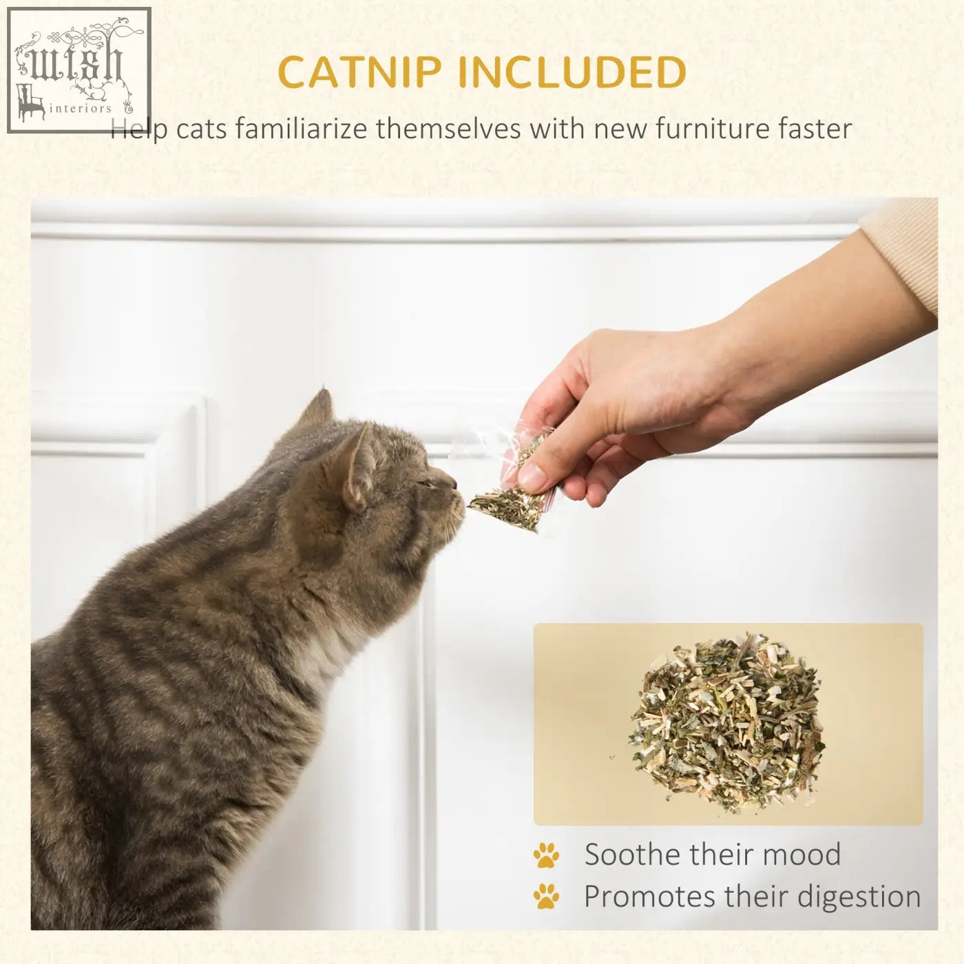 A small clear plastic packet of dried green and brown catnip for pawhut two-in-one cat house scratching board