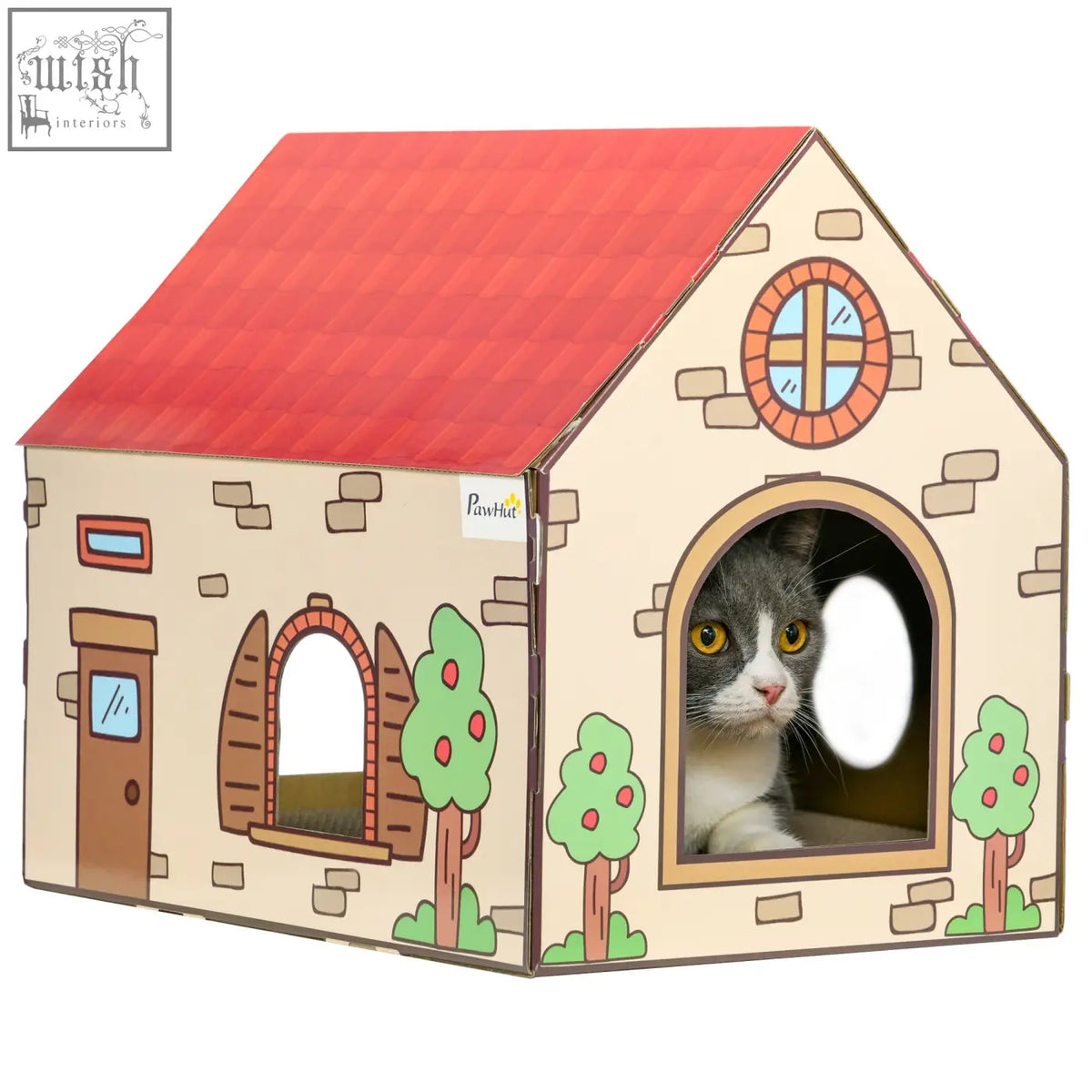 A beige cardboard cat house with red roof and brick walls featuring arched windows designed as a pawhut cat scratching board