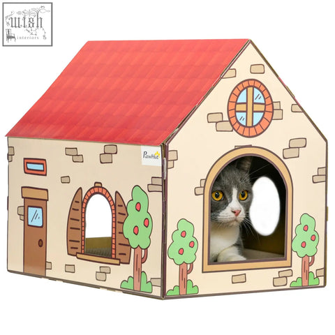 A beige cardboard cat house with red roof and brick walls featuring arched windows designed as a pawhut cat scratching board