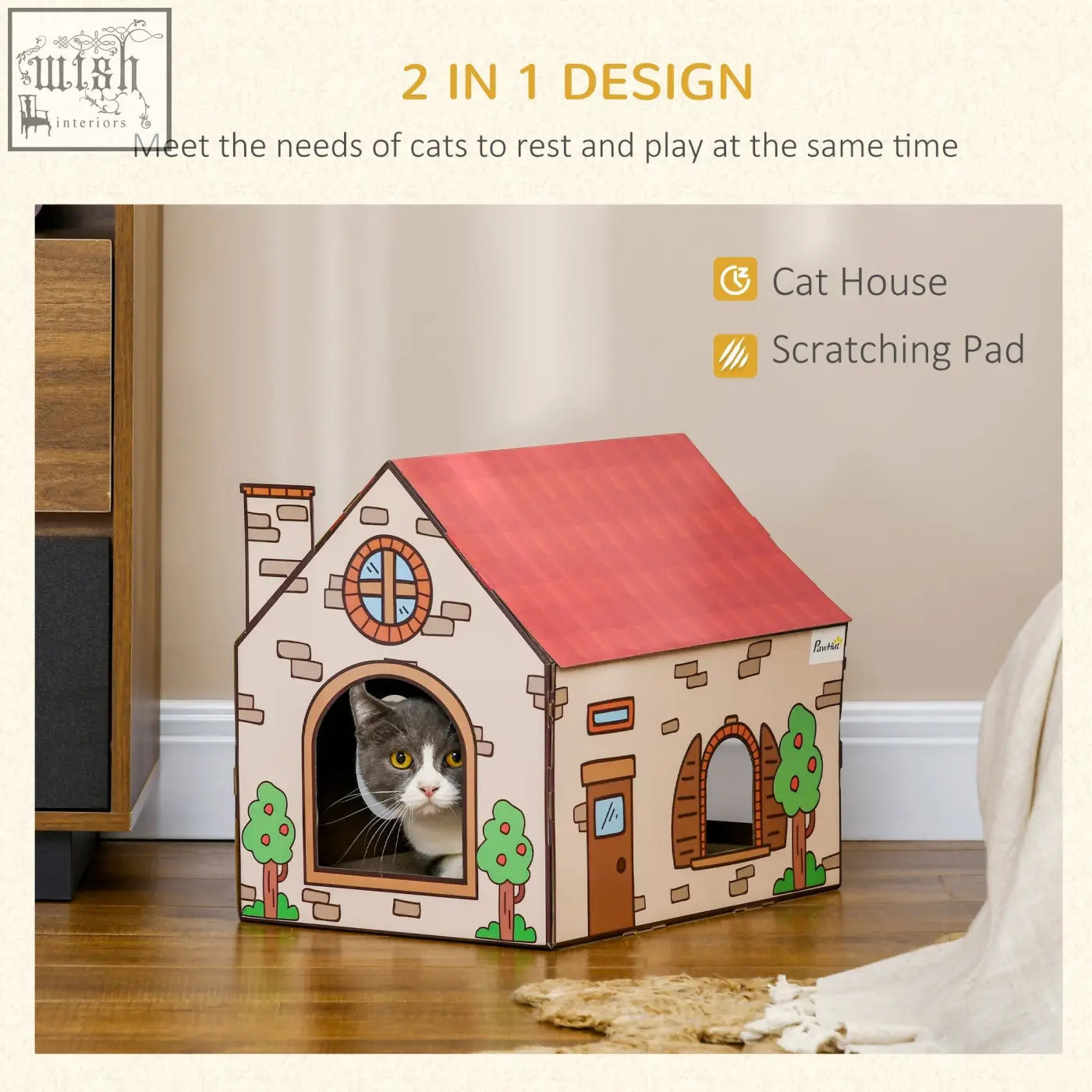 Pawhut beige cardboard cat house with red roof and tree design serves as a cozy cat scratching board and house