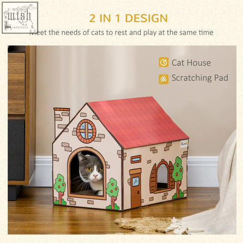 Pawhut beige cardboard cat house with red roof and tree design serves as a cozy cat scratching board and house