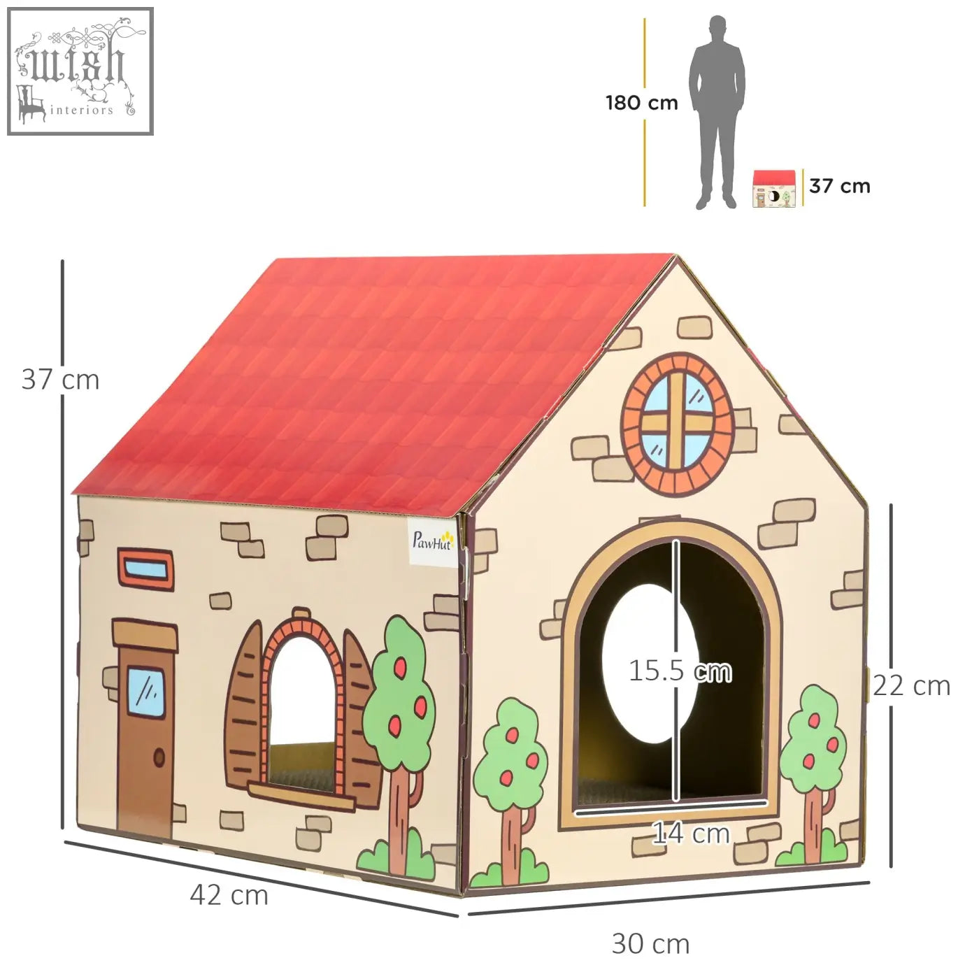 A beige cardboard cat house with red tiled roof and illustrated trees featuring a built in scratching board for cats