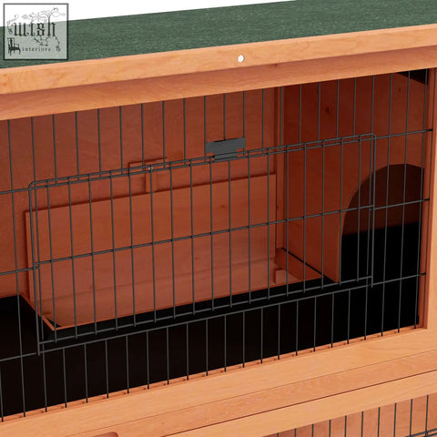 PawHut light brown wooden rabbit hutch with steel wire mesh main house and green textured roof for guinea pigs