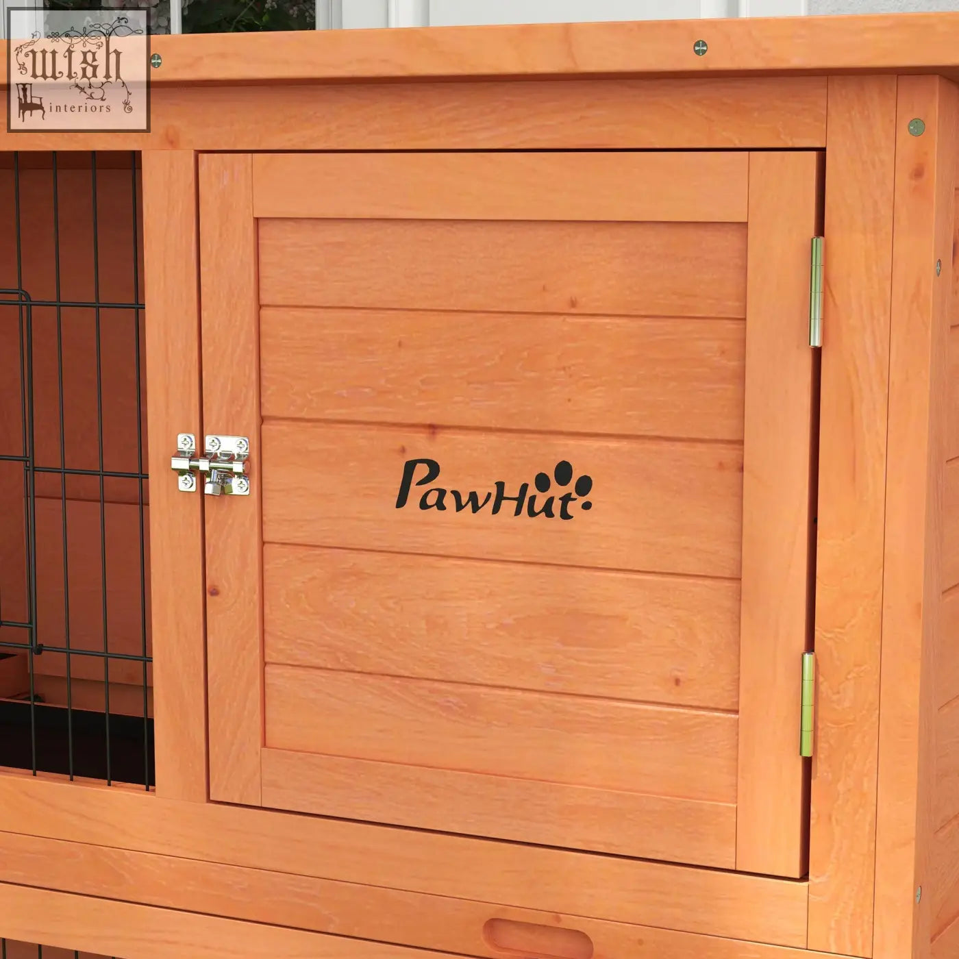A light brown wooden pawhut rabbit hutch main house with hinged door and black steel wire mesh side panel