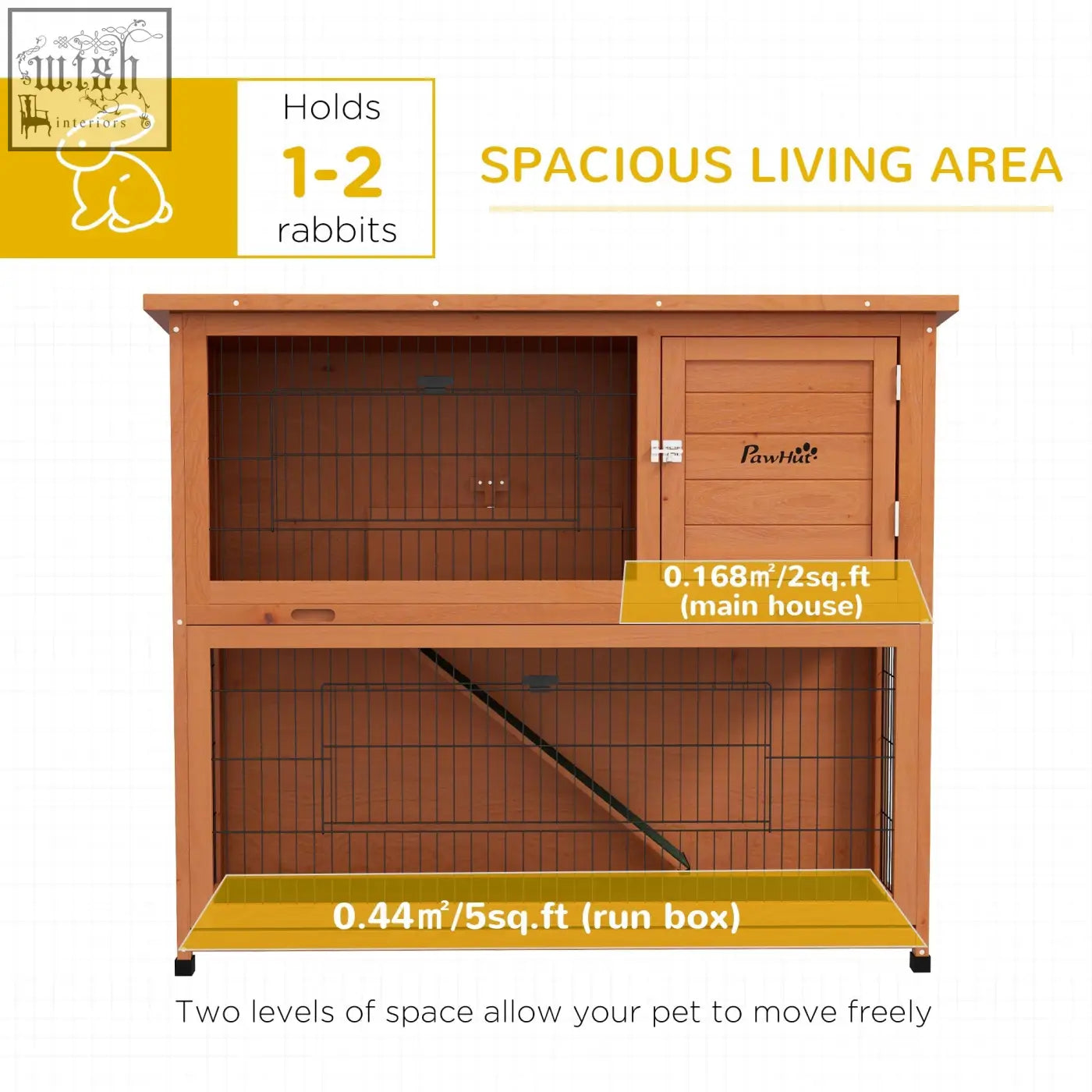 Brown wooden two-level pawhut rabbit hutch with steel wire mesh panels and small main house door in orange
