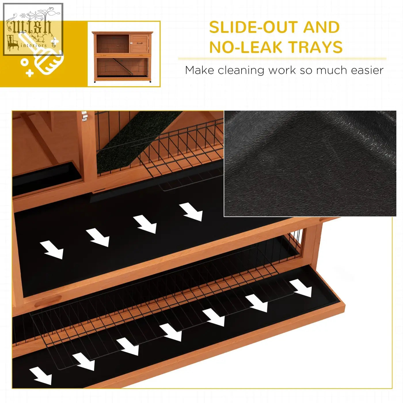 Wooden pawhut rabbit hutch main house with black slide-out no-leak trays and steel wire panels in orange