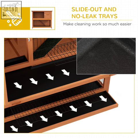 Wooden pawhut rabbit hutch main house with black slide-out no-leak trays and steel wire panels in orange