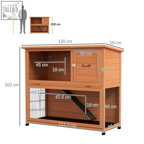 Brown wooden two-level pawhut rabbit hutch with steel wire sides and green ramp for guinea pigs and rabbits main house