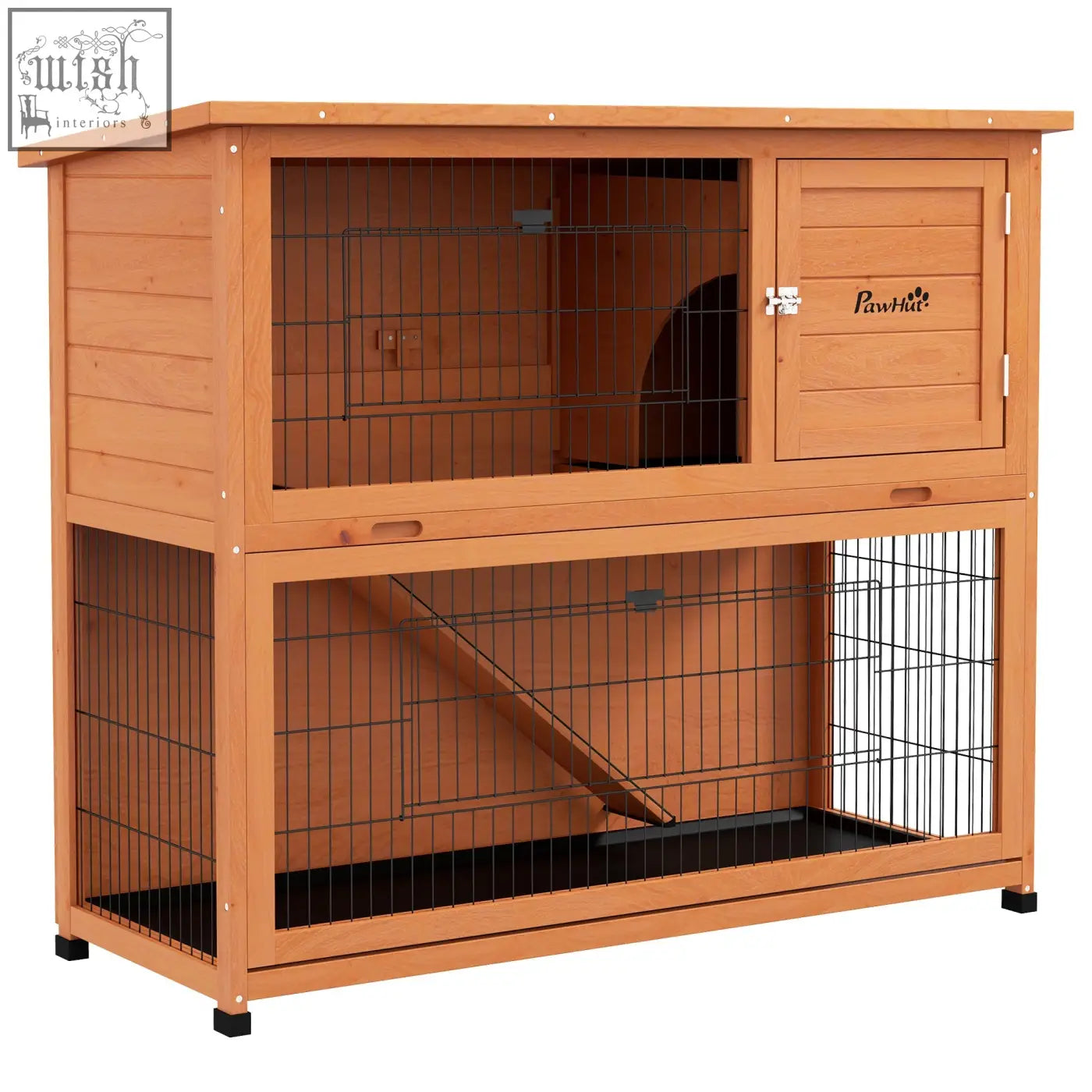 Pawhut two-tier orange wooden rabbit hutch with steel wire main house and small upper door for guinea pigs