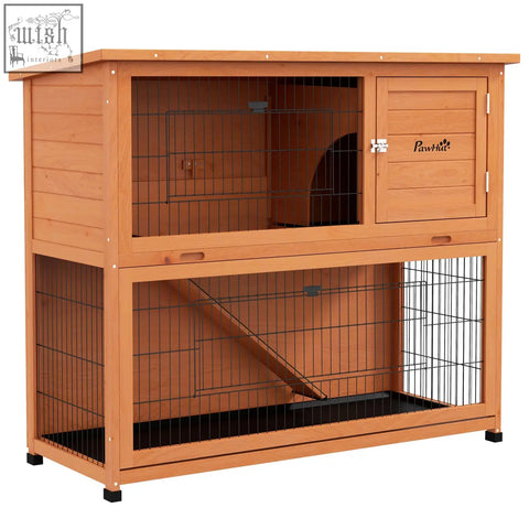 Pawhut two-tier orange wooden rabbit hutch with steel wire main house and small upper door for guinea pigs