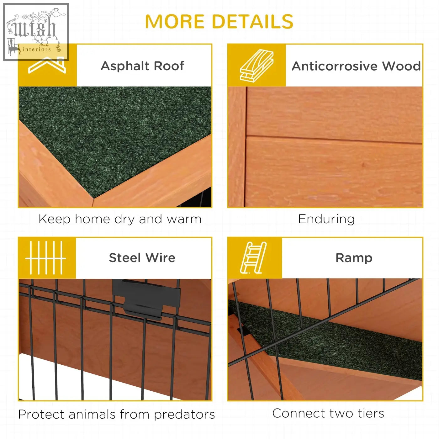 This orange pawhut rabbit hutch features a two-tier main house with antiseptic wood siding and steel wire fencing