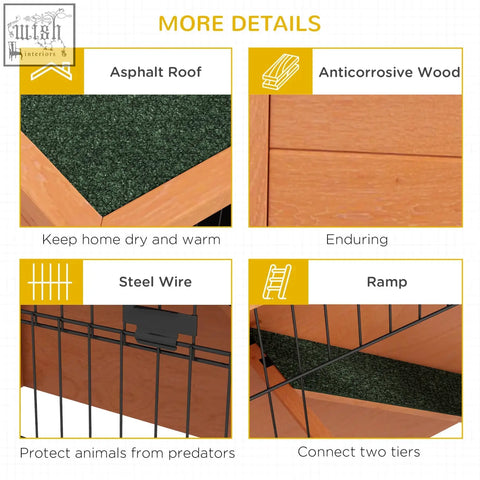 This orange pawhut rabbit hutch features a two-tier main house with antiseptic wood siding and steel wire fencing