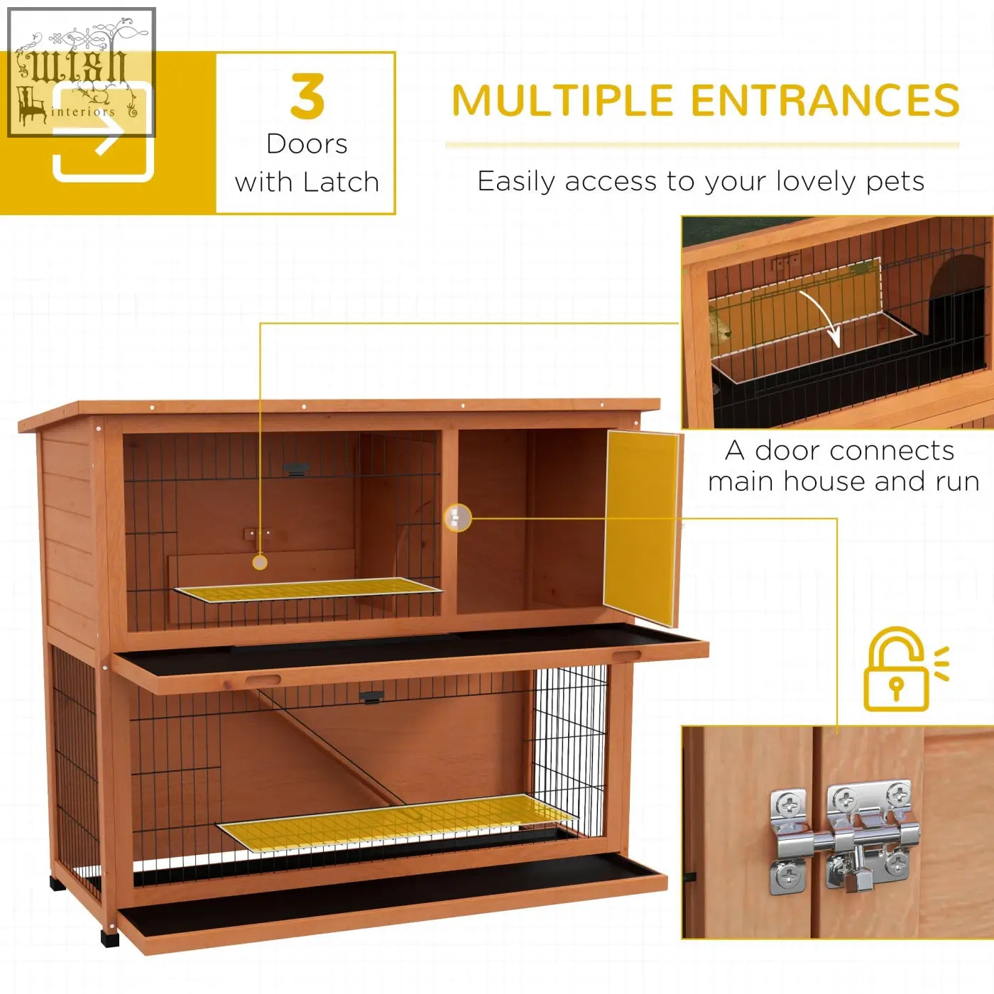 Two-level wooden main house rabbit hutch with black steel wire mesh sides and yellow platforms in orange finish